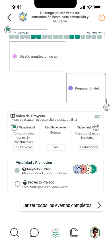 Pantalla de Jnum con una célula de progreso real: de un lote vacío sin construcción a una casa construida y habitable, con sus eventos, vídeo del proyecto y visibilidad.